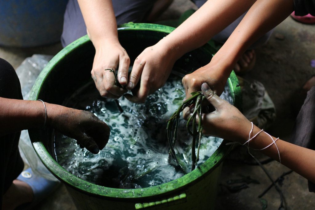 Indigo Dyeing in Japan for Students | Students’ hands in bucket of indigo dye | Evolve Tours